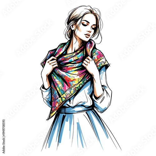 Beautiful woman with colorful scarf draped over shoulders design sketch style, colored marker and pencil illustration