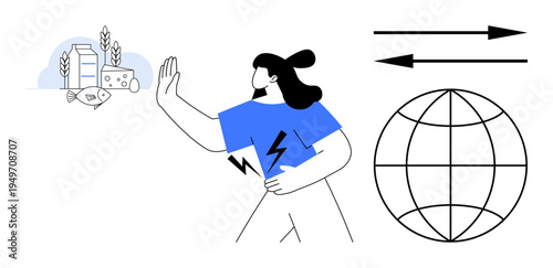 Food allergies, dietary restrictions, health concerns, lactose intolerance, global awareness, food safety. Woman reacting to dairy with a distressed pose. Food allergies and dietary restrictions