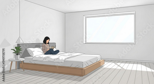 Woman relaxing on bed with laptop in minimalist bedroom with sunlight