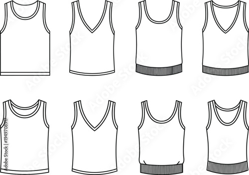 A collection of eight distinct sleeveless shirt and tank top vector line art fashion templates