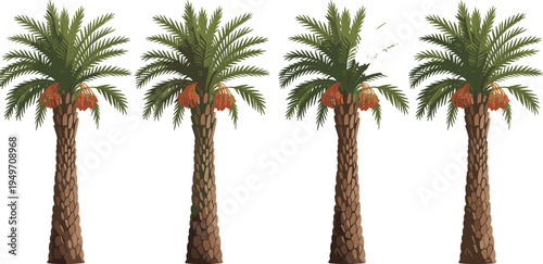 Date palm tree collection with ripe dates and green leaves, tropical desert plant illustration isolated on light background