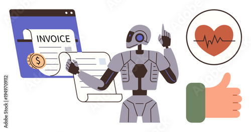Financial automation, AI in billing, healthcare monitoring, decision-making, tech innovation, user assistance. Robot handling invoices and health metrics. Financial automation and healthcare