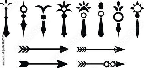 Decorative arrow and clock hand icon set, vintage pointer shapes and direction symbols collection isolated on light background