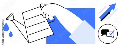 Hand using watering can to nurture growth chart, upward arrows for progress, chat bubble with check mark for collaboration. Ideal for growth, development, success, strategy, teamwork, vision