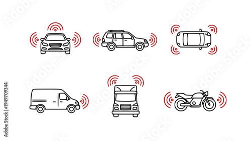 Vector icons illustrating smart vehicles, autonomous driving technology, and automotive sensors.
