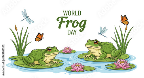 Illustration of two green frogs on lily pads in a pond with flowers and dragonflies for World Frog Day conservation awareness.