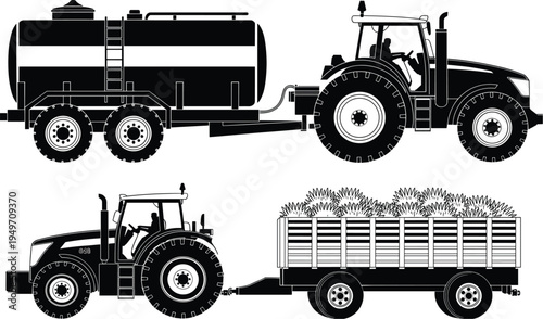 Agricultural tractor with trailer tanker and harvest wagon, farming machinery vector illustration isolated on white background