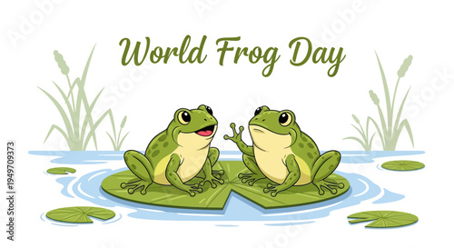 Illustration of two green frogs sitting on a lily pad in a pond for World Frog Day with a conservation awareness theme.
