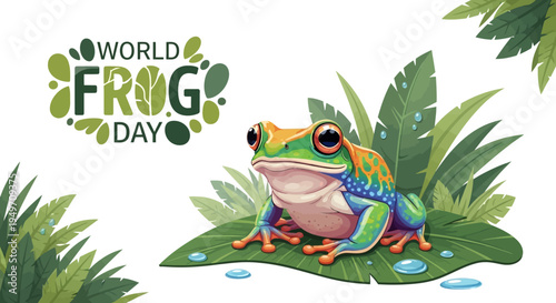 Illustration of a colorful frog sitting on a leaf with World Frog Day logo and tropical foliage, promoting amphibian conservation awareness with a green and natural mood.