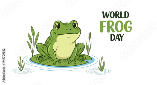 A green frog sitting on a leaf in a natural pond habitat with cattails, promoting World Frog Day conservation awareness with a simple illustration style.