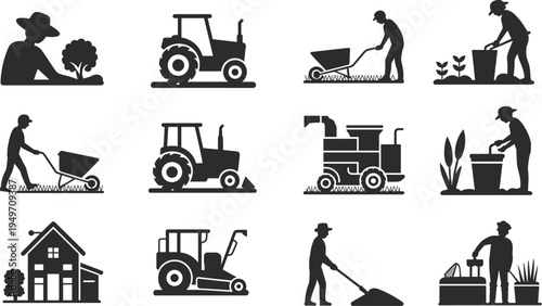Agriculture farming icons set, tractor, wheelbarrow, planting, watering, harvesting, gardening, landscaping, rural house, shovel, pump