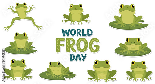 Illustration of frogs on lily pads with 'World Frog Day' text on a white background, promoting amphibian conservation awareness.