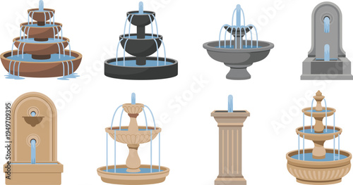 Decorative water fountain set illustration, garden fountain icons collection, outdoor park water feature elements, classic stone fountains isolated vector