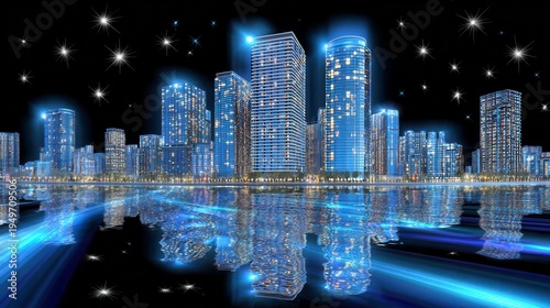 Night Cityscape, Skyline, Reflections, Modern Architecture
