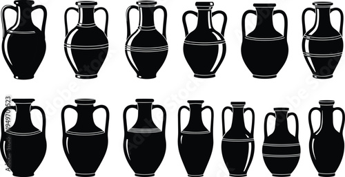Ancient Greek amphora vase silhouettes set, black ceramic pottery icons isolated white background, classical archaeology illustration collection vector design art