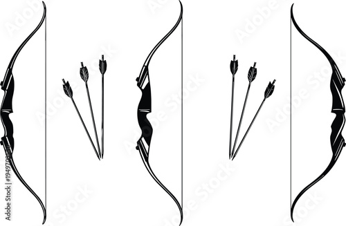Archery equipment symmetrical design, black bows and arrows, stylized vector illustration, precision sport gear, traditional hunting tools, graphic silhouette artwork