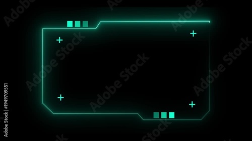Glowing cyan neon digital HUD frame with tech elements on a black background. Sci-fi border for video overlays, futuristic UI displays, gaming interfaces, and high-tech data presentation concepts.