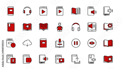Flat icons featuring digital files, media content, audio, video, and document management symbols.