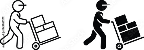 Delivery worker pushing hand truck with boxes icon set, courier logistics service symbol, package transportation and shipping illustration