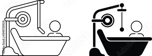Dental treatment chair icon set, dentist clinic equipment vector illustration with patient seat, outline and solid healthcare symbol