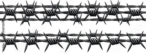 Barbed wire fence security boundary, sharp steel strands with dangerous spikes, protective barrier symbolizing restriction and safety control