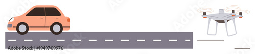 Transportation, delivery, automation, innovation, future mobility, smart systems. An orange car and a quadcopter on a road. Transportation and delivery concepts future mobility and automation