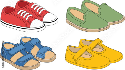 Different shoes collection including sneakers slippers sandals and kids shoes, casual footwear set isolated on light background illustration