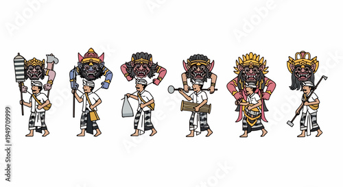 Colorful illustration of Balinese men carrying traditional Ogoh-ogoh demon masks during a ceremonial parade, representing Indonesian cultural heritage and religious festivals.