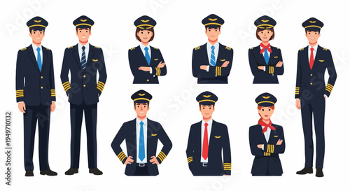 Collection of diverse airline pilot and cabin crew characters in professional uniforms, isolated vector illustrations for aviation and travel concepts.