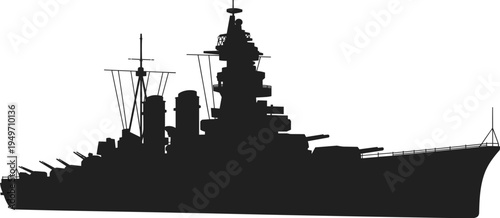 Battleship warship silhouette vector illustration, military naval vessel with artillery guns isolated on white background