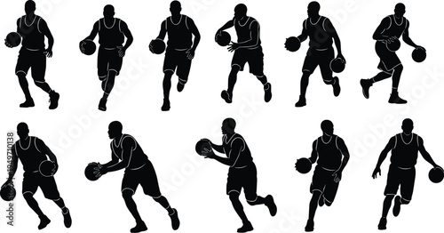 Basketball player silhouettes set, dribbling action poses, professional sport motion, athletic men, isolated black vector illustration