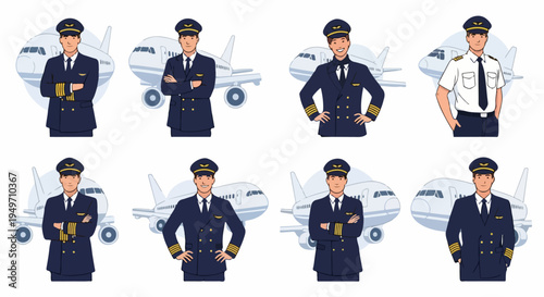Set of flat vector illustrations of professional airline pilots, male and female, in uniform standing confidently in front of airplanes.