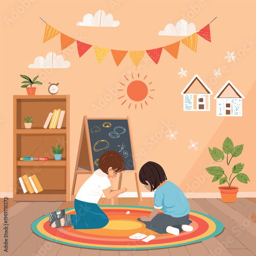 Two children playing on a colorful rug in a playroom with a chalkboard and toys