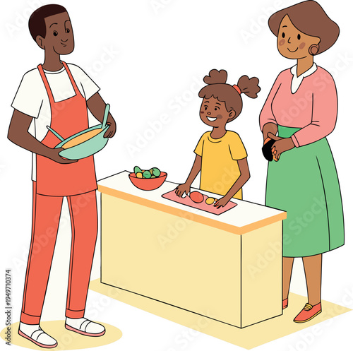 A cartoon illustration of a man and woman with a little girl cutting fruit on a kitchen counter