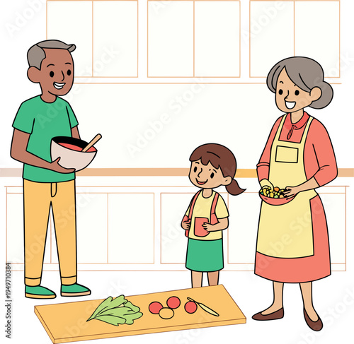 A cartoon illustration of a senior man and woman with a little girl preparing food in a kitchen