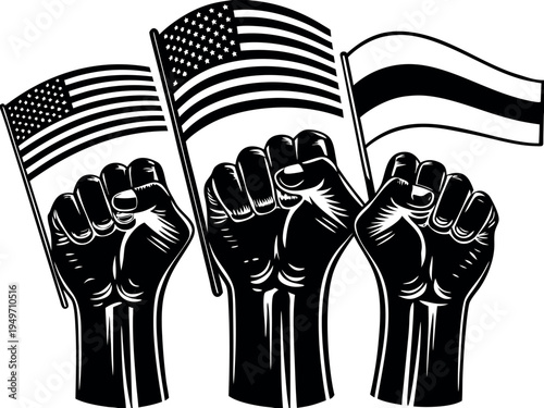 Black and white illustration of fists with american and estonian flags, symbolizing solidarity and support