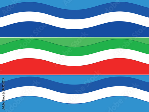Colorful wavy stripes in blue, green, red, and white hues on a light blue background