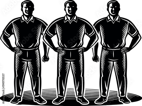 Three confident men standing with hands on hips in a row in black and white