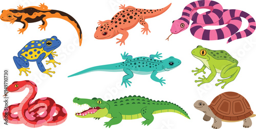 Colorful Reptile and Amphibian Vector Collection Featuring Crocodile, Snakes, Poison Dart Frog, Lizards, and Tortoise for Wildlife Education, Tropical Nature Designs, and Biological Science Graphics