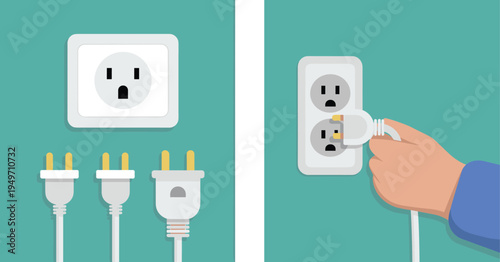 Electrical plug and wall socket connection concept, hand inserting power cord into outlet showing household electricity usage and safety awareness