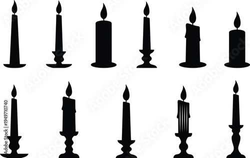 Black candle silhouettes collection, vintage wax candles, gothic decor elements, memorial symbolism, spiritual ritual objects, isolated design icons set
