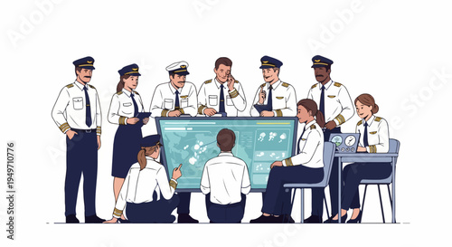 A diverse group of professional airline pilots and cabin crew in uniform collaborating on flight navigation and mission planning around a digital map.