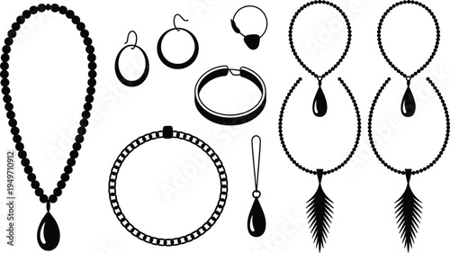 Elegant jewelry collection vector set, necklaces earrings rings bracelets and pendants fashion accessories silhouette illustration isolated design
