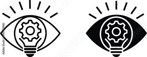 Eye icons with light bulb and gear symbols representing creative vision innovative ideas technical insight strategic thinking and professional business solutions
