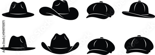 Black hat icon collection, featuring fedora cowboy baseball beret and flat cap silhouettes, vector illustration set, fashion headwear design elements