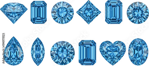 Blue Diamond Gemstone Icon Set with Various Shapes Including Heart Pear Marquise and Round Brilliant Cuts for Jewelry Design Luxury Branding and Game Interface Elements