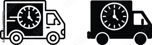 Fast delivery truck icons with clock symbol, express shipping service logistics concept, black and white flat vector illustrations on white background