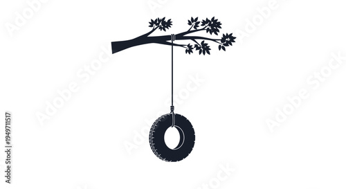 Simple silhouette of a tire swing hanging from a tree branch