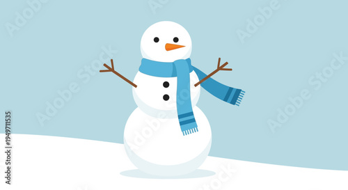 Simple snowman wearing blue scarf on snow in winter