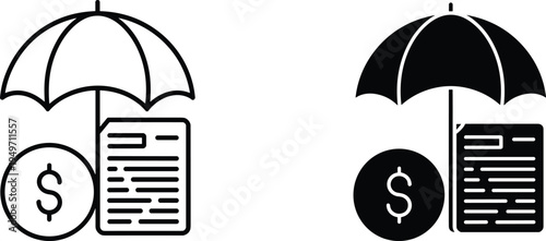 Financial insurance protection icon set, umbrella covering money document and dollar coin vector illustration outline and solid symbol